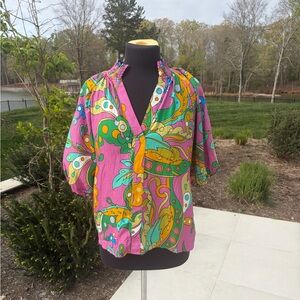 THML Boho Paisley Blouse XL Petite Smocked Neck Puff Sleeve Top NWT